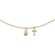 10k white gold 2.22ctw moissanite round halo necklace. Virgin Mary Cross Choker Necklace 14k Yellow Gold 16 Adj Jared