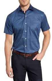 peter millar gabriel regular fit medallion print short sleeve button up shirt in navy modesens