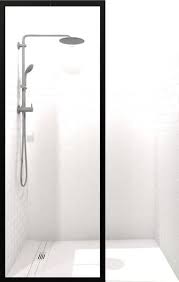 Black And White Shower Glass A Black Metal Frame Along The Perimeter Of This Fixed Glass Shower Panel Provides A Bold Accent To The Sing Glass Shower Panels Shower Doors Framed Shower Door