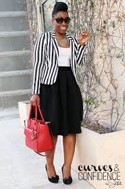 Black And White Striped Blazer Plus Size Black Quilted Midi Skirt Curves And Confidence Curves And Confidence Miami Fashion Curvy Fashion