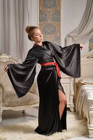 Kimono Floor Length Black Red Silk Robe Silk Kimono Robe Lingerielove Black Kimono Black Kimono Robe Satin Dressing Gown