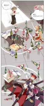 red wine (food fantasy), steak (food fantasy), food fantasy, absurdres,  highres, official art, translated, 2boys, 2girls, alcohol, blonde hair,  bottle, box, chef, choker, clothing cutout, dress, formal, gift, gift box,  gingerbread (food
