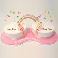 Happy Birthday Cake For Sister With Name And Photo Edit Write Name On Happy Birthday Pink Cprakruti Ake For Twins Sister Twin Birthday Cakes Birthday Wishes For Twins Twins Cake
