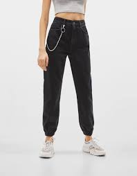 Bershka Black Cargo Pants With Chain Pantalon Jogger Denim High Waist Con Cadena Jeans Bershka Mexico Ropa De Moda Pantalones Con Cadenas Ropa