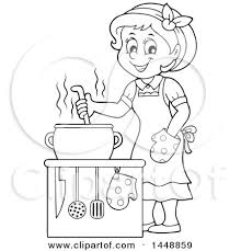 Retro logo with head beautiful stylish woman. Clipart Of A Cartoon Black And White Lineart Happy Housewife Cooking Royalty Free Vector Illustration By Visekart 1448859