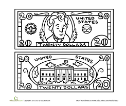 Us one dollar bill coloring page printout. Twenty Dollar Bill Worksheet Education Com Coloring Pages Twenty Dollar Bill Cool Coloring Pages