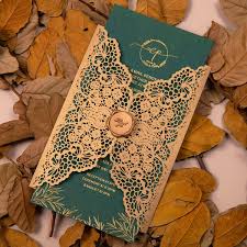 Emerald green and brown are the perfect fall wedding colors for any sophisticated fête. Vintage Retro Emerald Green And Gold Laser Cut Wedding Invitation Ws300 Wedding Invitations Wedding Invites Paper