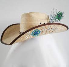 Rhinestone Peacock Feather Straw Cowboy Hat Cowboy Hats Straw Cowboy Hat Cowgirl Bling