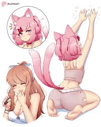 doki doki literature club, raionart, 2girls, arms up, back view - R34 Vault