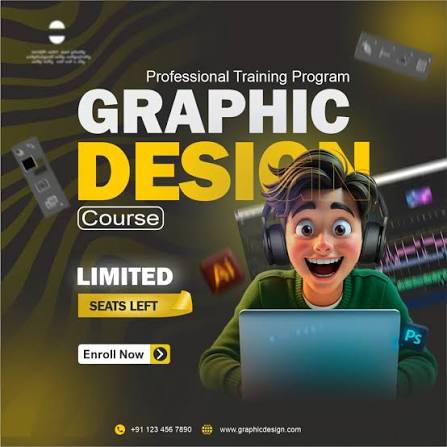 🎨🚀 Graphic Design Course Poster | i know it's copied but i redesigned it in ps 🙂 Design description :- • Bold yellow & dark background used to create high contrast and