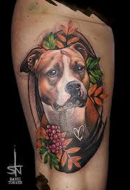 dog animal amstaff american staffordshire terrier portrait realistic freestyle tattoo by sanni tormen from b hundeportrait tattoo tiertattoos hund tattoo ideen
