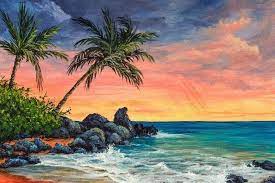 Nah untuk kalian yang sedang mencari inspirasi untuk membuat sketsa ini anda bisa menambhakan sedikit sentuhan seperti matahari dan juga pohon kelapa. Makena Beach Lukisan Matahari Terbenam Lukisan Lanskap Lukisan Pemandangan Kota