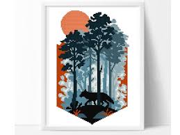 landscape nature modern cross stitch pattern geometric sunset wolf counted chart mountain forest instant download pdf