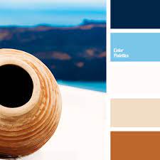 Orange, yellow, dark blue and the color of a stormy sky make a wonderful design composition. Blue And Brown Color Palette Ideas