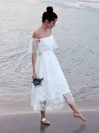 Non Traditional Wedding Dress With Lace And Off Shoulder Detail Short Wedding Dress Tea Length Wedding Dress Wedding Dresses Unique Off Shoulder Wedding Dress