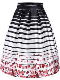 Black And White Striped Pleated Skirt Black White Striped Rose Print Flare Skirt Shein Sheinside White Long Maxi Skirt Black Flare Skirt Printed Pleated Skirt