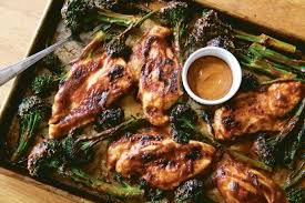 Quick Chicken Baby Broccoli With Spicy Peanut Sauce Broccolini Recipe Easy Sheet Pan Recipes Recipes