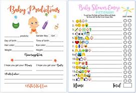 It has a blue striped header. Baby Shower Games Emoji Pictionary And Advice Prediction Card 51 Cards Fun Game For Girls Boys Gender Neutral Ideas For Shower Party Prizes For Game Winners Favorite Adults Games For Baby
