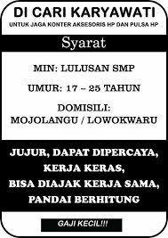 Lihat halaman loker umum semarang untuk mulai mencari pekerjaan yang sesuai dengan minat dan bakat anda. Karyawati Konter Hp Info Lowongan Kerja Di Malang Facebook