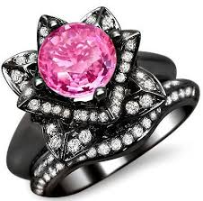 Black And Pink Wedding Ring 2 23ct Round Pink Sapphire Lotus Flower Diamond Engagement Ring Bridal Set 14k Bla Pink Wedding Rings Engagement Rings Bridal Sets Blue Diamond Engagement Ring