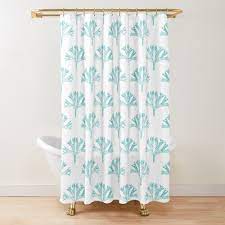 Geometric patterns and striped prints add a layer of luxe to the experience. Block Print Algae Teal On White Shower Curtain By Kendra Shedenhelm White Shower Curtain White Shower Curtains