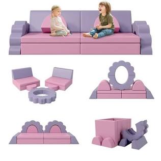 Multi-piece soft play foam set showing versatile playroom configurations, AI generated