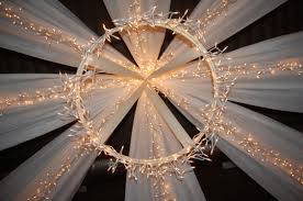 Canopy Made From Hula Hoop White Landscaping Fabric And Icicle Lights Used At Wedding Reception Wedding Ceiling Hula Hoop Chandelier Wedding Reception