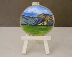 Mountain Painting Landscape Art Mini Painting With Easel Wood Slice Painting Rustic Art Mini Paintings Mountain Paintings Landscape Paintings