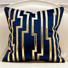 Amazon Com Avigers 18 X 18 Inches Navy Blue Gold Leather Striped Cushion Cases Luxury European Th Decorative Pillows Couch Throw Pillows Blue And Gold Bedroom