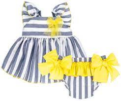Cierre con botones en espalda y falda con mucho volumen. Lappepa Moda Infantil Girls Blue White Striped Dress Knickers Set Missbaby