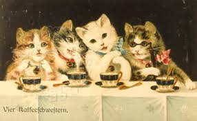 Cat in boots coffee drinker. Four Cats Drink Coffee Retrograph