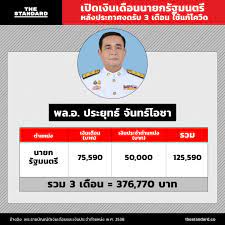 เริ่มจากนายกรัฐมนตรีพลเอกประยุทธ์ จันทร์โอชานั้น มีรายได้จากเงินเดือนประจำตำแหน่งและเบี้ยประชุมเงินเดือนอยู่ที่ 77,990 บาท เงินตำแหน่ง 50,000. Dxgumkb5rce6xm