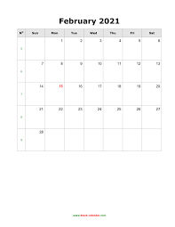 Free 2021 february calendar blank vertical template including us federal holidays, week numbers, large box for notes. Download February 2021 Blank Calendar Vertical