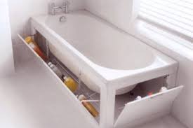 Bath panels depicted at aqva are available in either acrylic or wood material. Panel Storage
