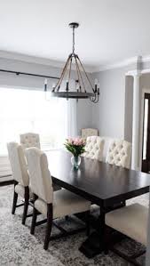 Gray And White Dining Room Pottery Barn Tufted Chairs And Banks Dark Wood Table Dark Dining Room Luxury Dining Room Dark Wood Dining Table
