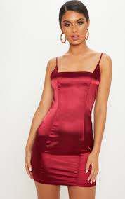 Burgundy Satin Strappy Square Neck Bodycon Dress Satin Bodycon Dress Bodycon Dress Neck Bodycon Dress