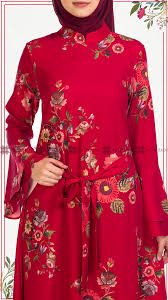 Kolu Volanli Cicekli Elbise Kirmizi Elbise Cicekli Elbise Moda Stilleri