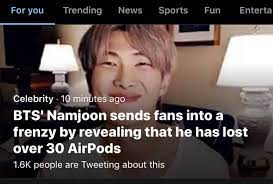 Back in 2019, the rapper had confessed he had lost over 33 airpods already. Bangtan Pa More Joon Losing 33 Airpods Has Made Twitter Facebook