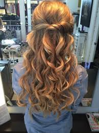 This pulled back half down, half up hairstyle was shampooed, blow dried, styled with a large round brush, then finished with a 1 & 1/4 curling iron. Prom Half Up Half Down Hair By Graciela Prom Hairstyles For Long Hair Wedding Hair Down Dance Hairstyles