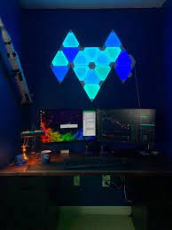 Cool Desktop Setup Using Nanoleaf Light Panels As Wall Light Save This Idea For Future Reference Nanoleaf Lights Desktop Setup Light Panels