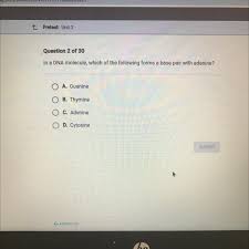 Deoxyribonucleic acid, or dna, is a polymer of nucleotides linked together by specific bonds known as phosphodiester bridges. In A Dna Molecule Which Of The Following Forms A Base Pair With Adenine A Guanine B Thymine C Brainly Com