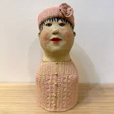 Jo Rowley ‘Girl in Pink Sweater’ 9″H x 4″D Stoneware, Glaze & Gold Leaf $450