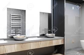 Corner vanity double vessel sinks. Gray And Concrete Bathroom Corner With A Concrete Floor A Double