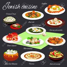 Stir in the couscous to warm and serve, garnished with mint. Jewish Cuisine Vector Design Of Hummus Eggs With Vegetables Meat And Chickpea Stew Forshmak Gefilte Fish And Fruit Donuts Sorrel And Meatball Soups Beef Dumpling And Lamb With Couscous Royalty Free Cliparts