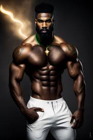 Lexica - Black male tall strong chest athletic muscular bearded green eyes  bald tatoo, body art, white cotton pants, bare_feet, golden necklace,  batt...