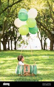 Cute Baby Sitting In A Woven Basket With Balloons And A Green Ribbon Banner That Reads One Whimsical Hot Air Balloon Flight In A Beautiful Forest C Stock Photo Alamy