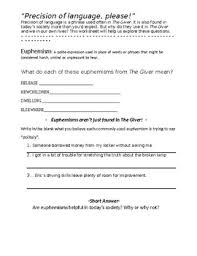 The Giver Euphemism Worksheets Teaching Resources Tpt