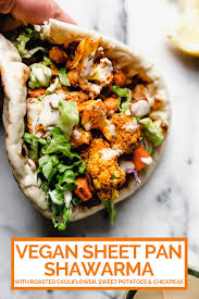 Sheet Pan Veggie Shawarma Bowls With Roasted Cauliflower Sweet Potato This Easy And Healthy Veggie Sh In 2020 Vegan Dinner Recipes Whole Food Recipes Vegan Dinners