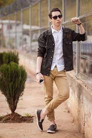 Men S Dark Brown Military Jacket White Short Sleeve Shirt Khaki Chinos Dark Brown Leather Slip On Sneakers Khaki Chinos Men Mens Outfits White Short Sleeve Shirt