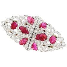 Art Deco Carved Ruby Diamond Platinum Double Clip Pin Art Deco Brooch Art Deco Jewelry Art Deco Diamond